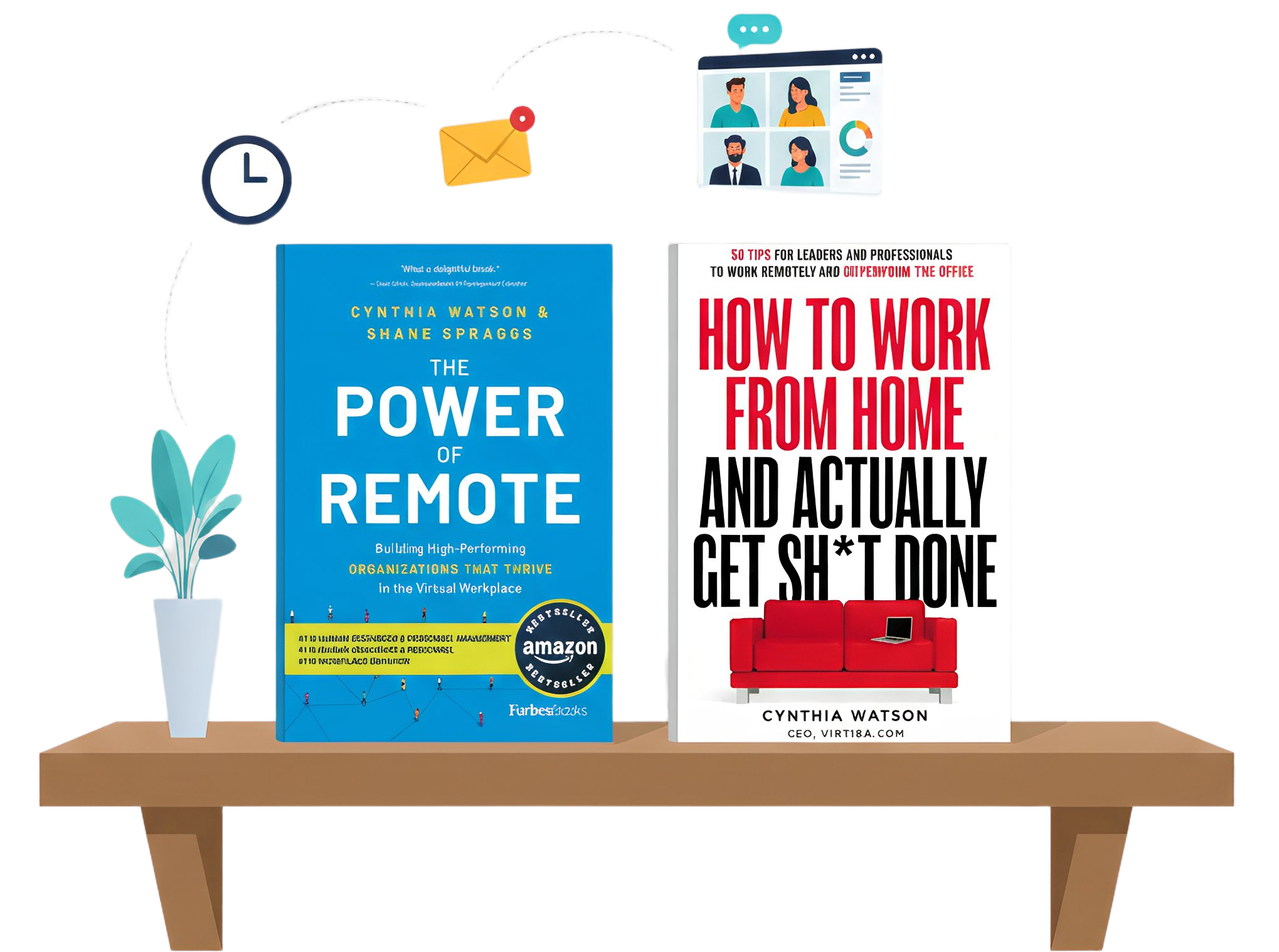 Desk scene with two business books, 'The Power of Remote' and 'How to Work from Home', plus a plant, envelope, clock, and a video‑conference illustration in a collage.
