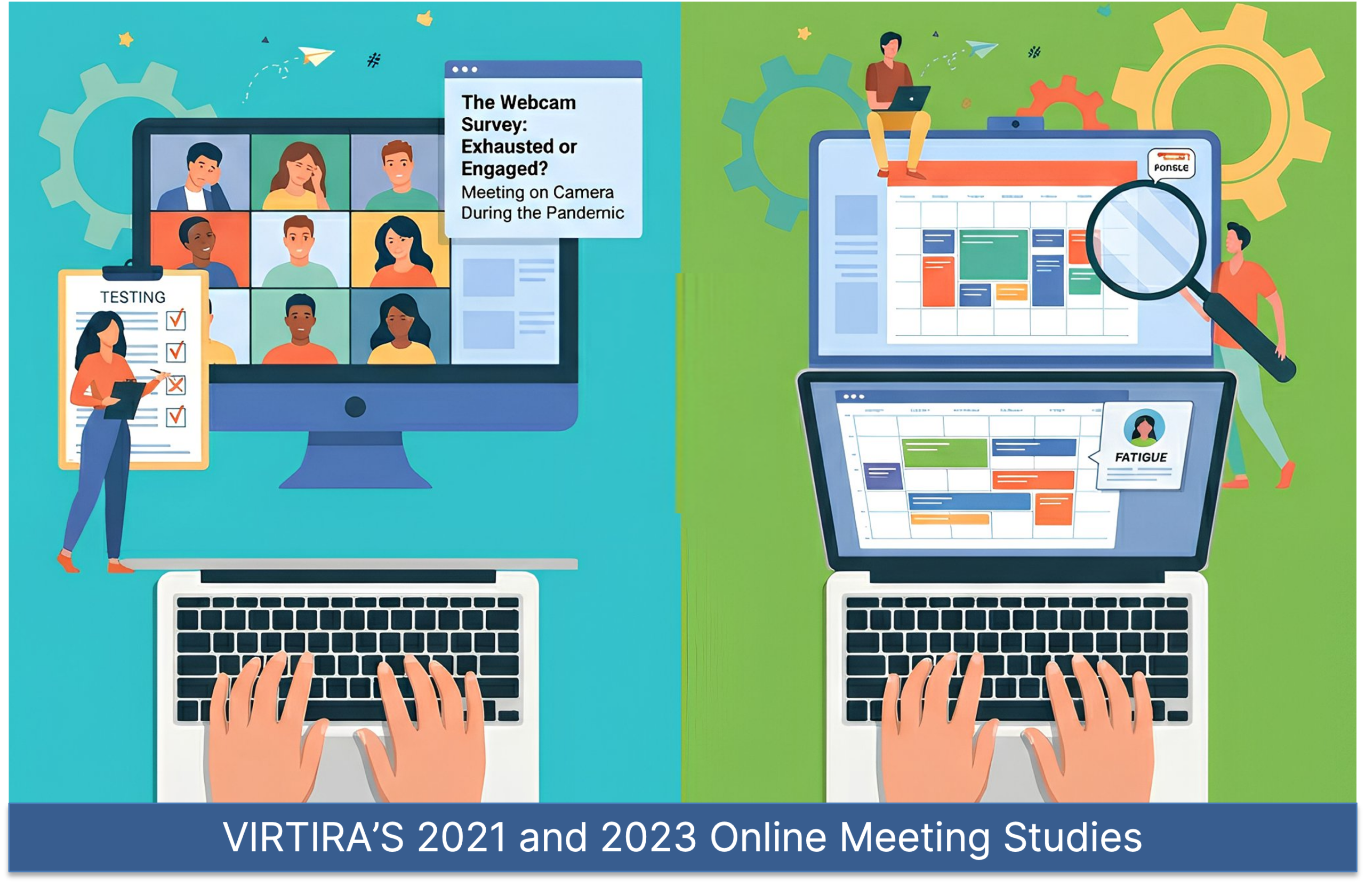 Split illustration of online meeting study: left side shows a grid of people on a monitor with a person holding a testing clipboard; right side shows a calendar-like layout, magnifying glass, and charts, with a banner at the bottom reading “VIRTIRA’S 2021 and 2023 Online Meeting Studies”.