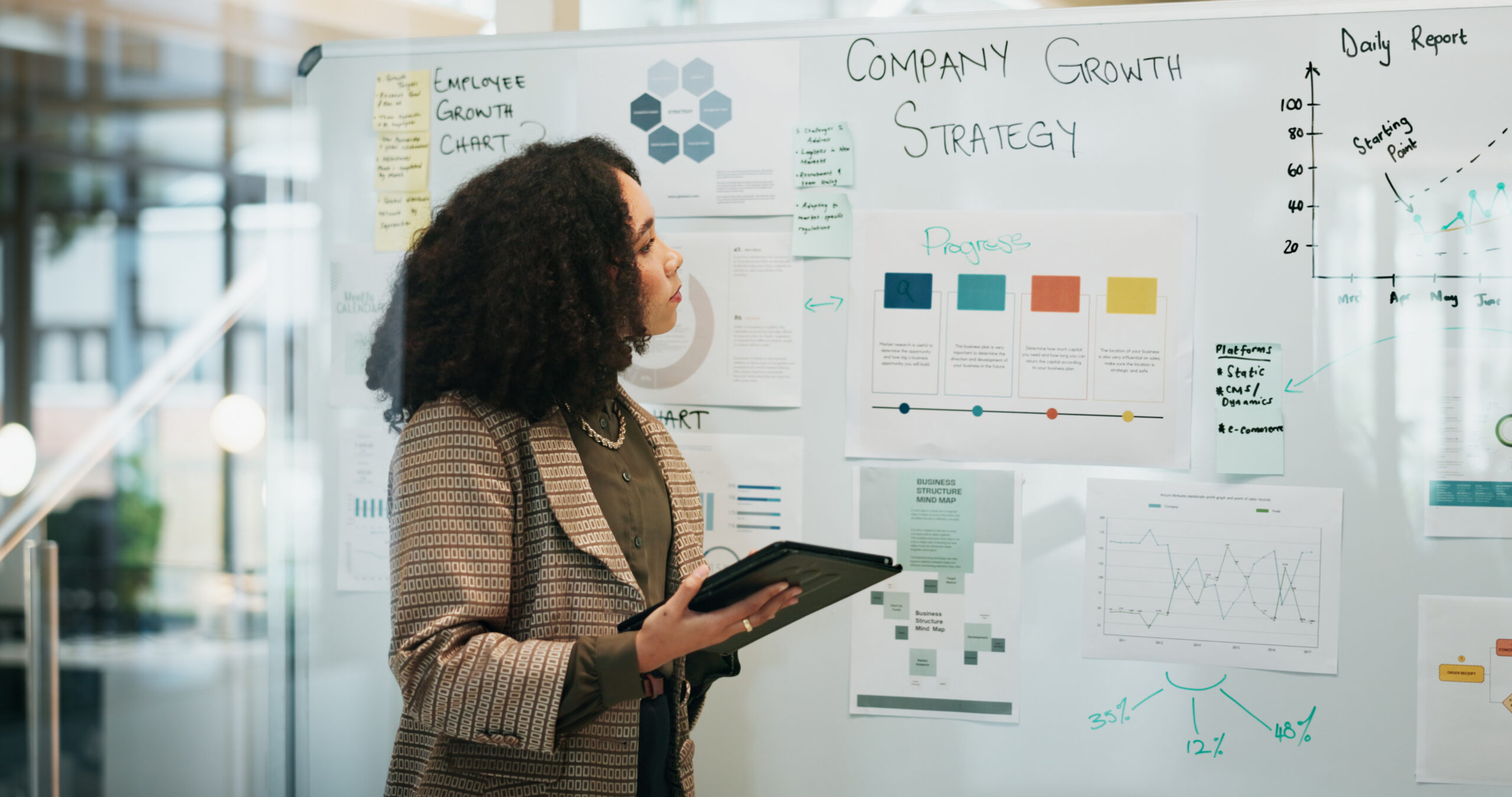 Woman in a blazer studies a whiteboard covered with charts, graphs, and sticky notes from a strategic planning session (side profile).