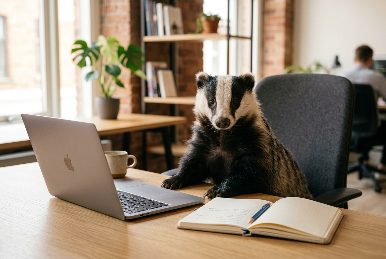 Badger sitting at a wooden desk in an office, with a laptop, notebook, and mug nearby.