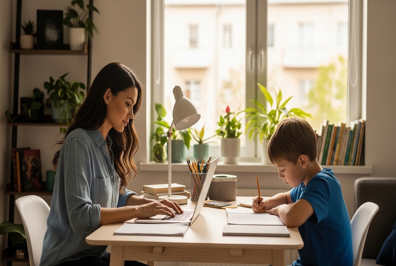 Woman typing on a laptop beside a boy who writes in a notebook at a sunlit home study desk with plants nearby.
