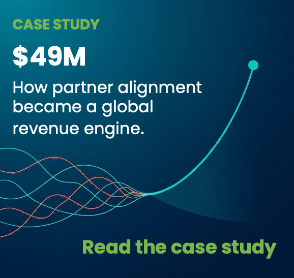 Case study cover: 'M' and 'How partner alignment became a global revenue engine' with teal curves on a dark blue gradient; 'Read the case study' at the bottom.