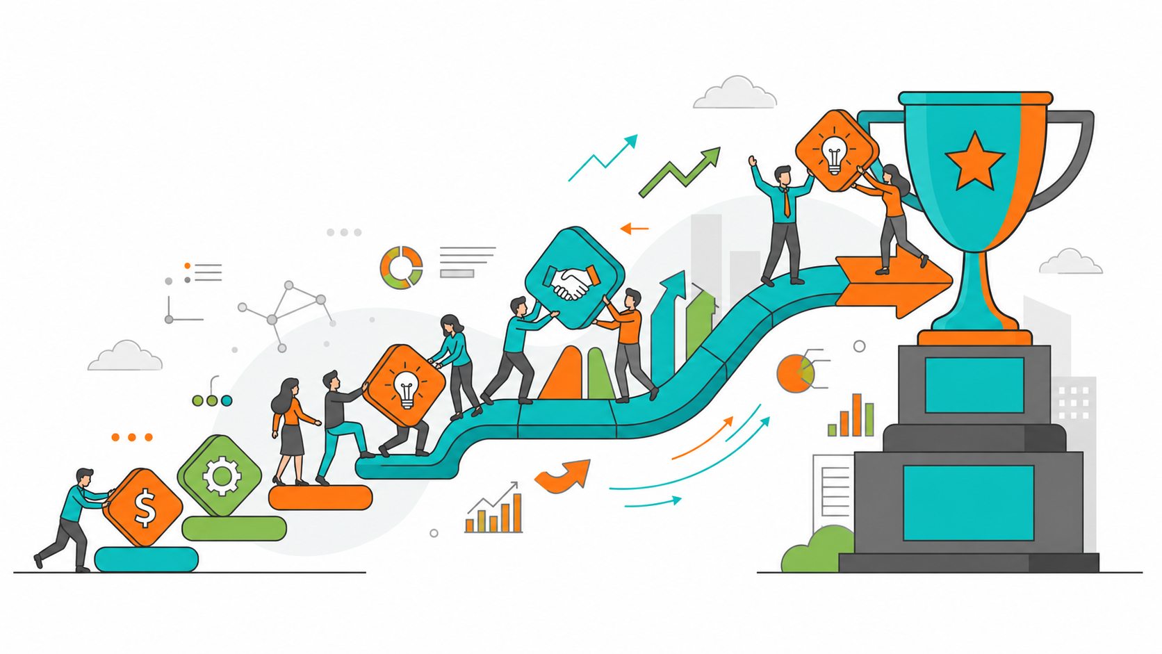 Teamwork in action: people move along a curved slide toward a large trophy, sharing ideas and lifting symbols of success.
