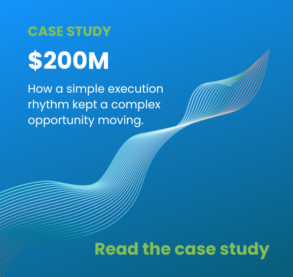 Case study hero: showing '0M' title and the subtitle 'How a simple execution rhythm kept a complex opportunity moving,' with a 'Read the case study' call to action on a blue gradient with flowing lines.
