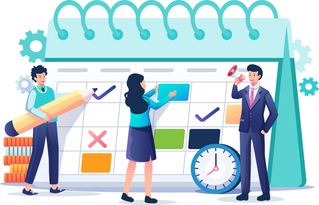 Team of professionals planning a schedule on a large calendar with check marks and color blocks in a bright illustration