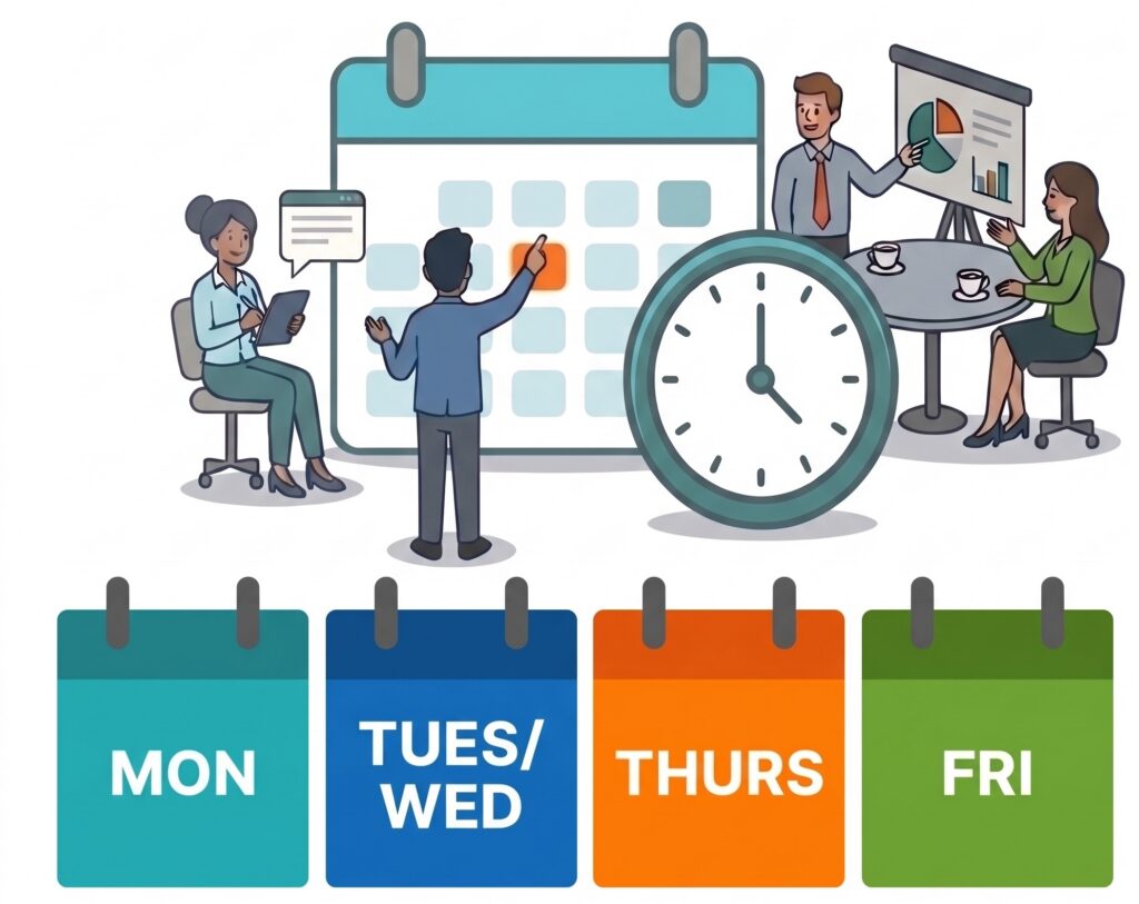 Team presents a weekly schedule on a large calendar with a clock and charts in the background.