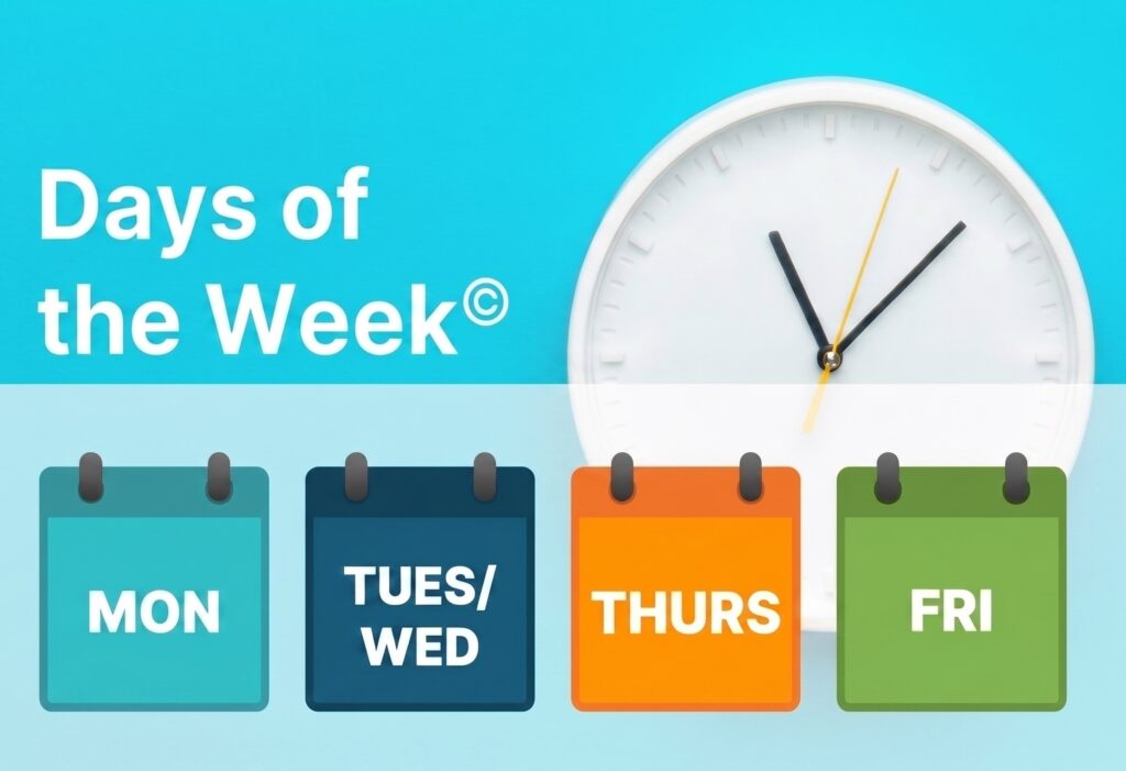 Graphic showing days of the week as colorful calendar blocks (Mon–Fri) with a clock in the top right; conveys a weekly schedule or time planning concept.