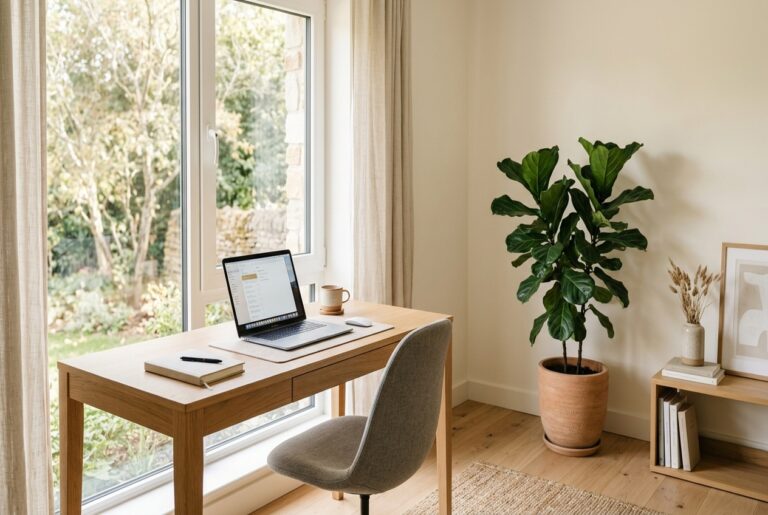 Home office by a large window with a wooden desk, laptop, notebook, mug, and gray chair.