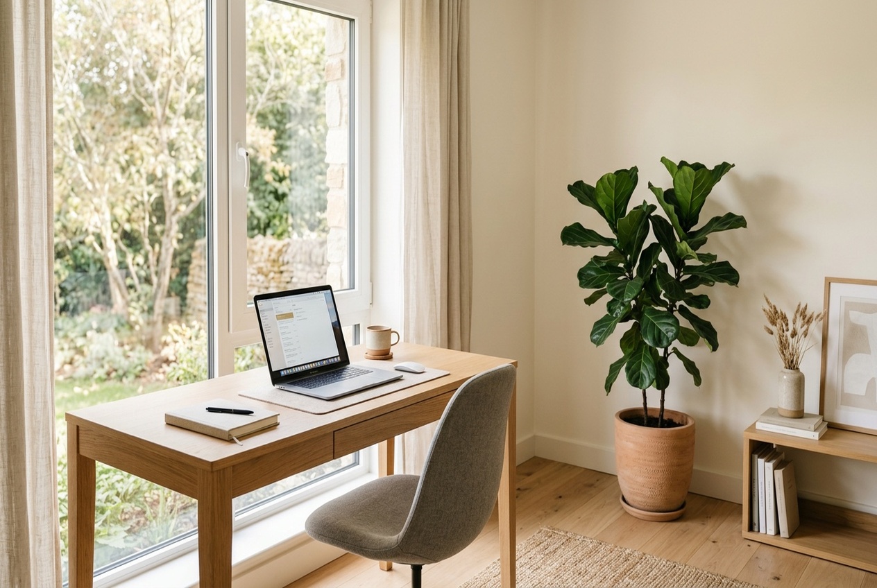 Home office by a large window with a wooden desk, laptop, notebook, mug, and gray chair.