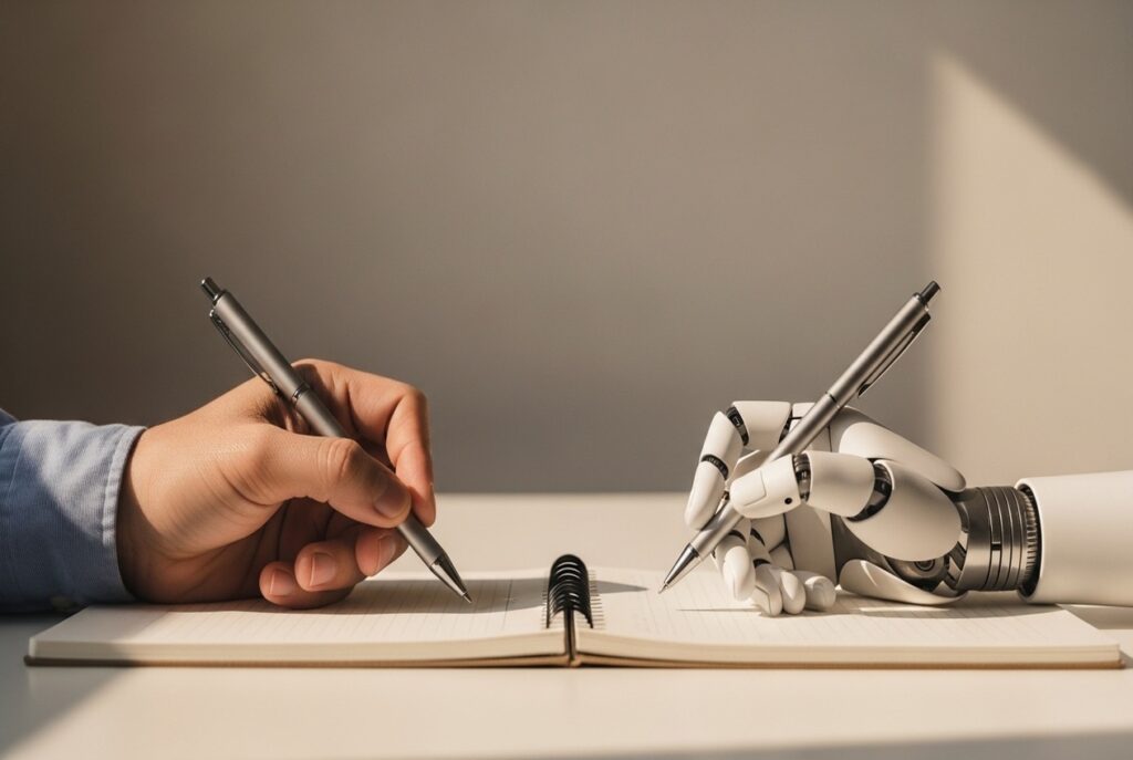 Human hand and a white robotic hand both writing in a spiral notebook on a desk, pen in use by each.