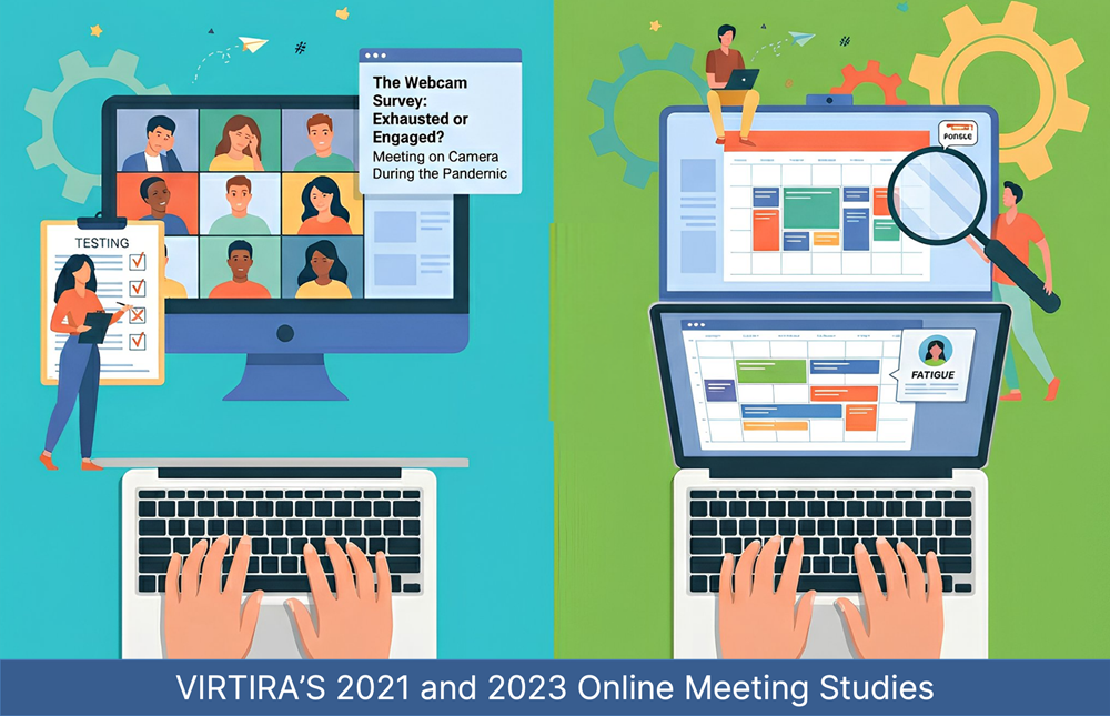 Split illustration of online meeting studies: left side shows a video call with multiple participants and a testing checklist; right side shows calendar layouts, a researcher with a magnifying glass, and a fatigue badge on a laptop.