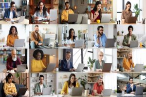 Collage of 24 diverse professionals using laptops at home or office settings.