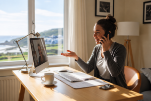Remote work Suits Me Resized Woman on a video call at a home desk, speaking on a smartphone and gesturing toward the computer screen with a seaside view outside the window.